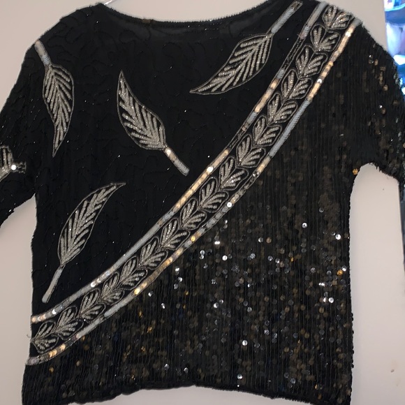 J.L.B Medium Black top with black and silver beads and sequins. Short sleeved. - Picture 2 of 3